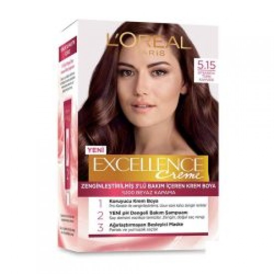 رنگ موی لورال شماره 5.15 رنگ قهوه ای قهوه ترک افسانه ای loreal excellence