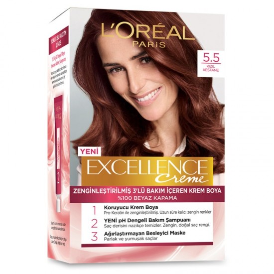 رنگ موی لورال شماره 5.5 رنگ فندقی قرمز loreal excellence