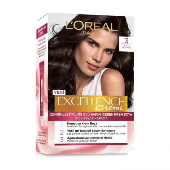 رنگ موی لورال شماره 3 رنگ شاه بلوط تیره loreal excellence